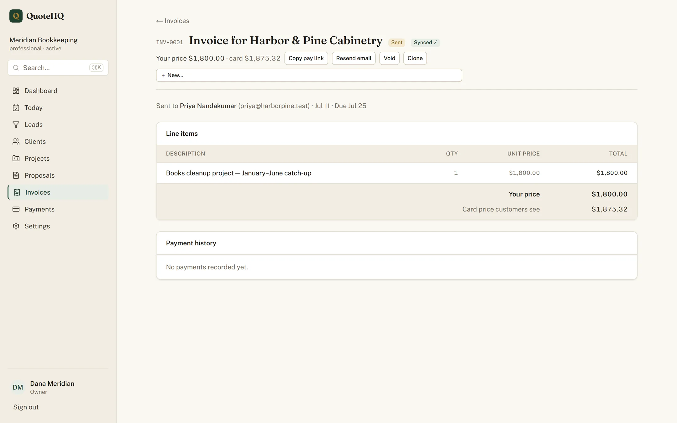 A QuoteHQ invoice detail view showing line items, totals, and payment status.