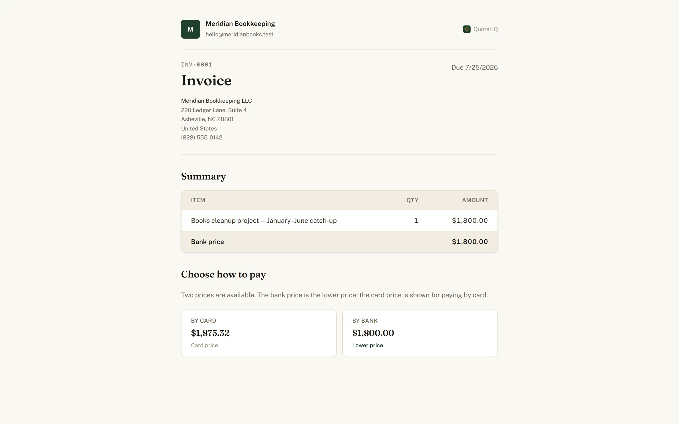 A client-facing QuoteHQ deposit invoice with card and bank-transfer payment options.