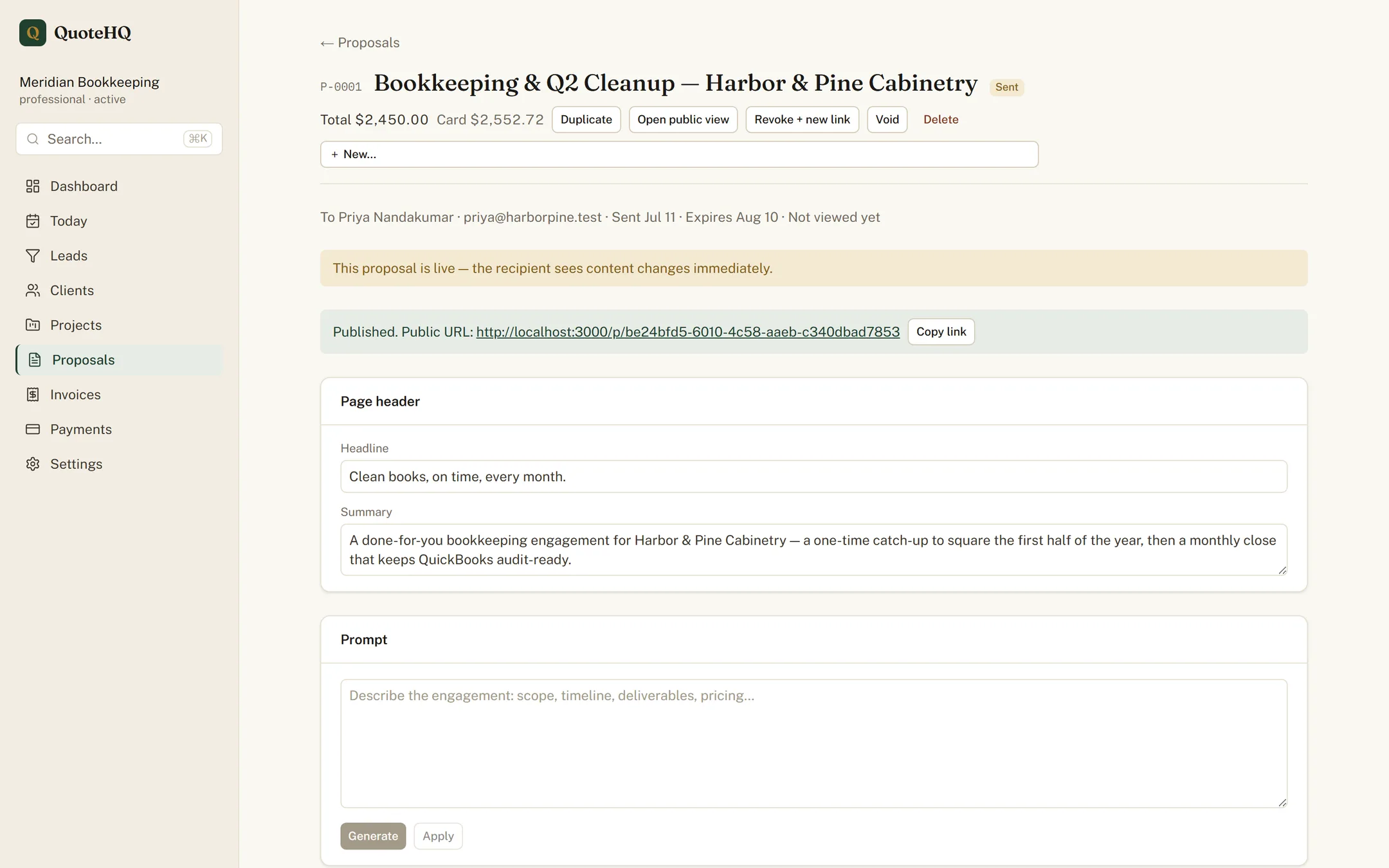 The QuoteHQ proposal editor showing an AI-drafted scope and priced line items ready to edit.
