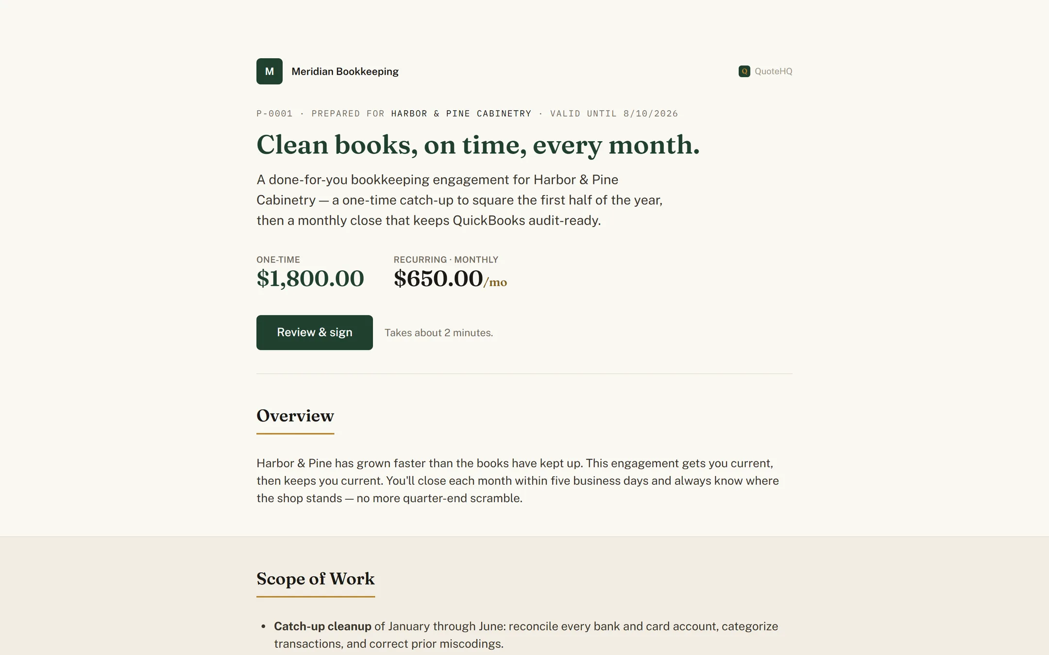A published QuoteHQ proposal as an agency client sees it, with scope, deliverables, and a pricing summary.