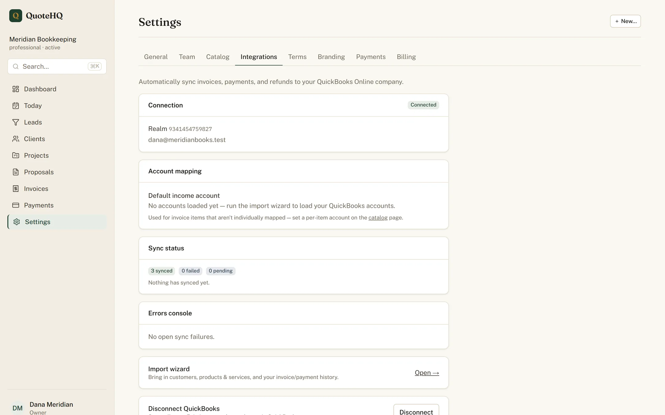 The QuoteHQ QuickBooks settings view showing a connected company and synced invoices and payments.