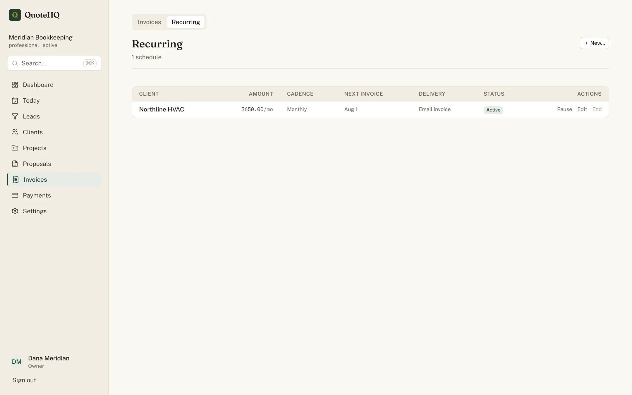 A QuoteHQ recurring invoice schedule showing a monthly contract cadence, next run date, and autopay setting.