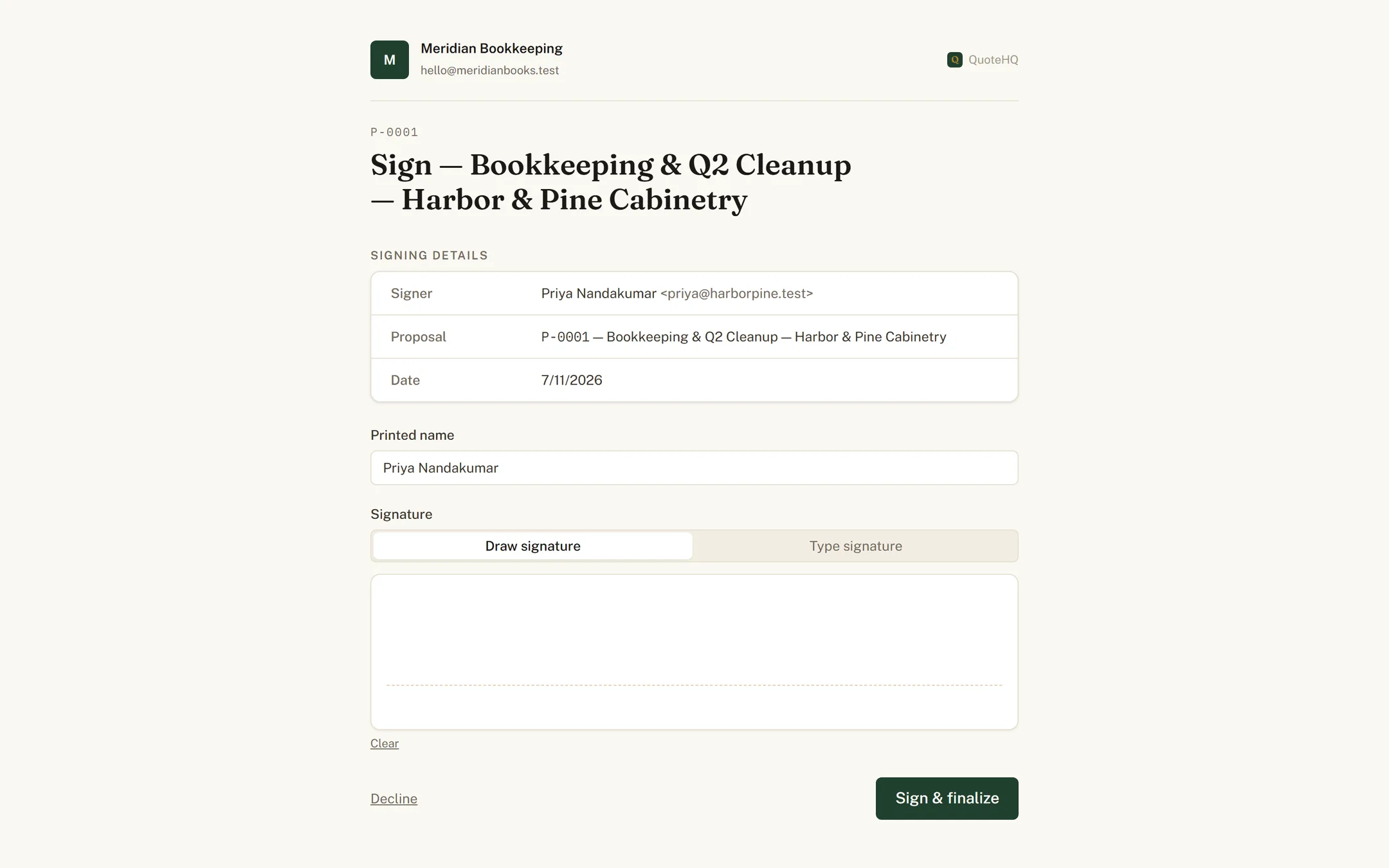 A proposal being signed in the browser, with a completed signature block and consent captured.