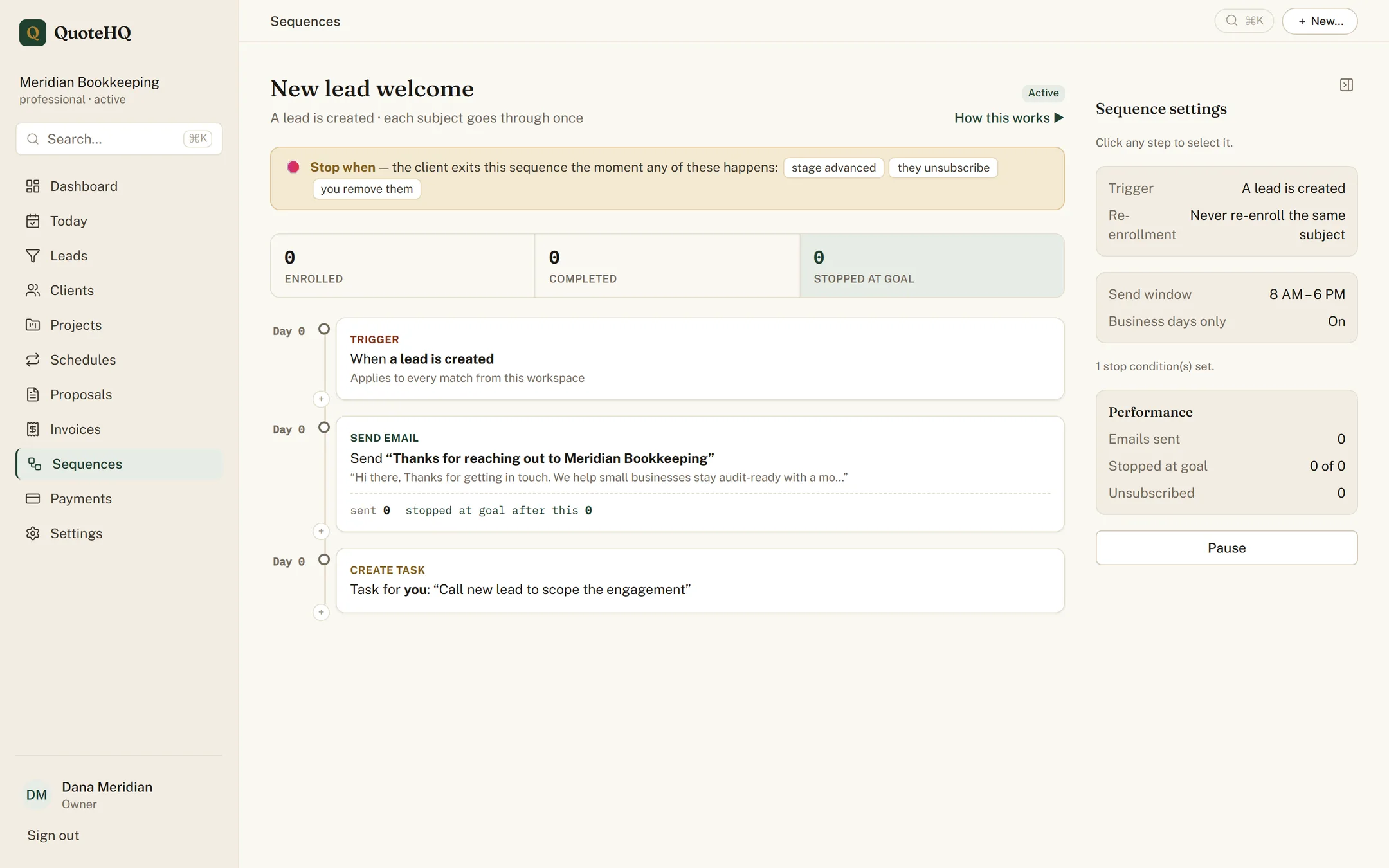 A QuoteHQ automation sequence showing trigger, wait, and send steps.