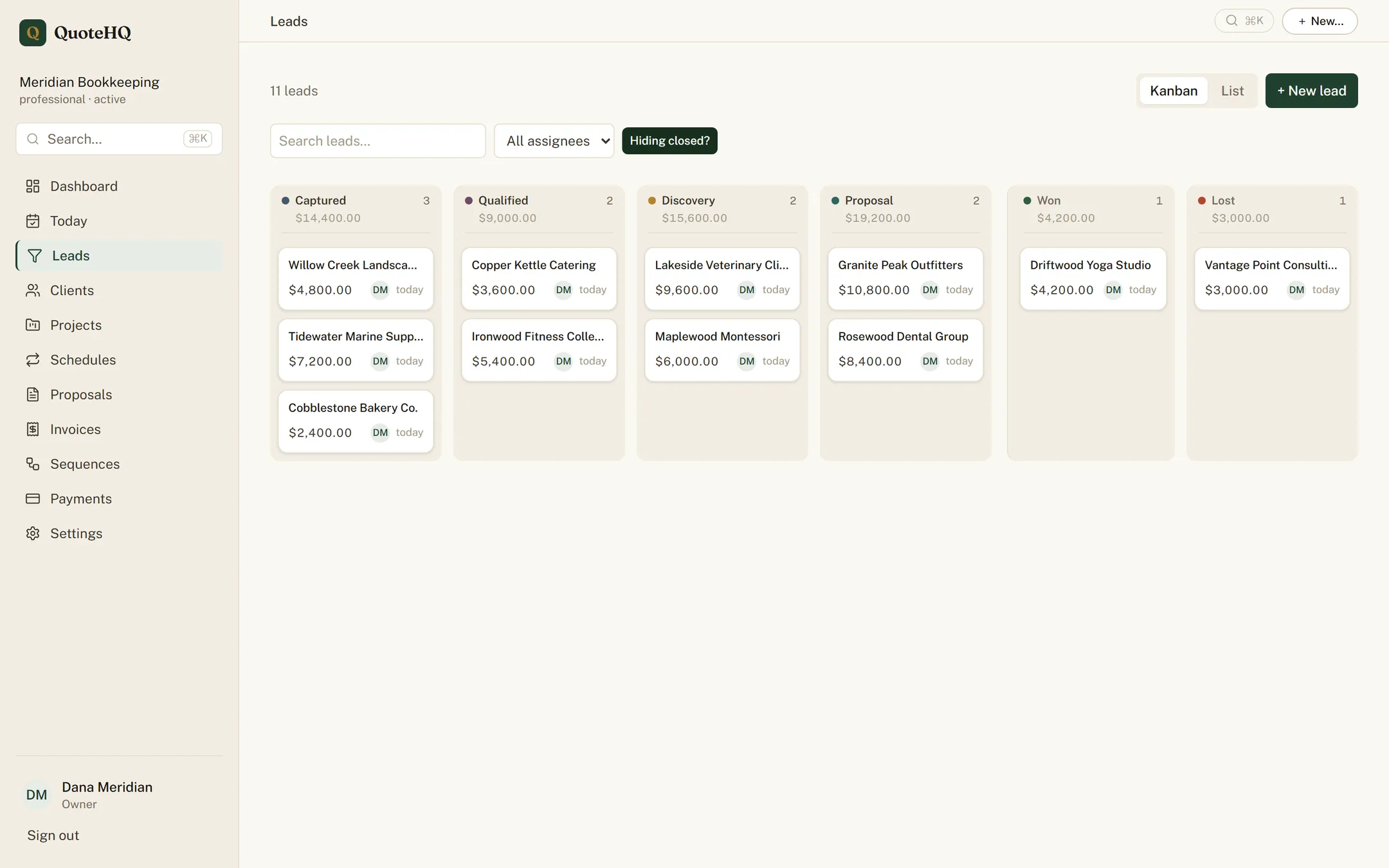 A QuoteHQ pipeline board showing leads staged from new through won.