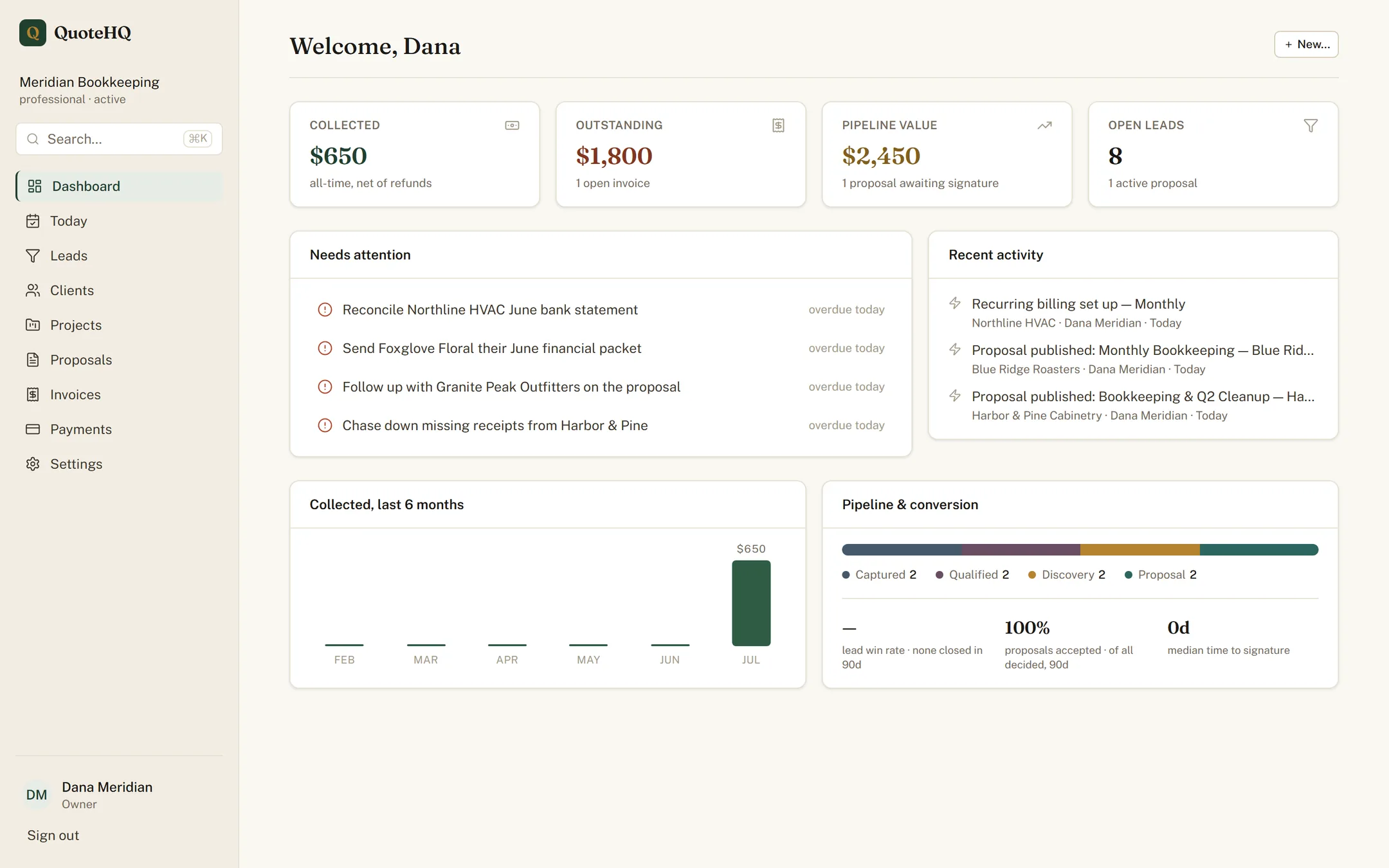 The QuoteHQ dashboard: sales pipeline, proposals sent, and payments on the way.