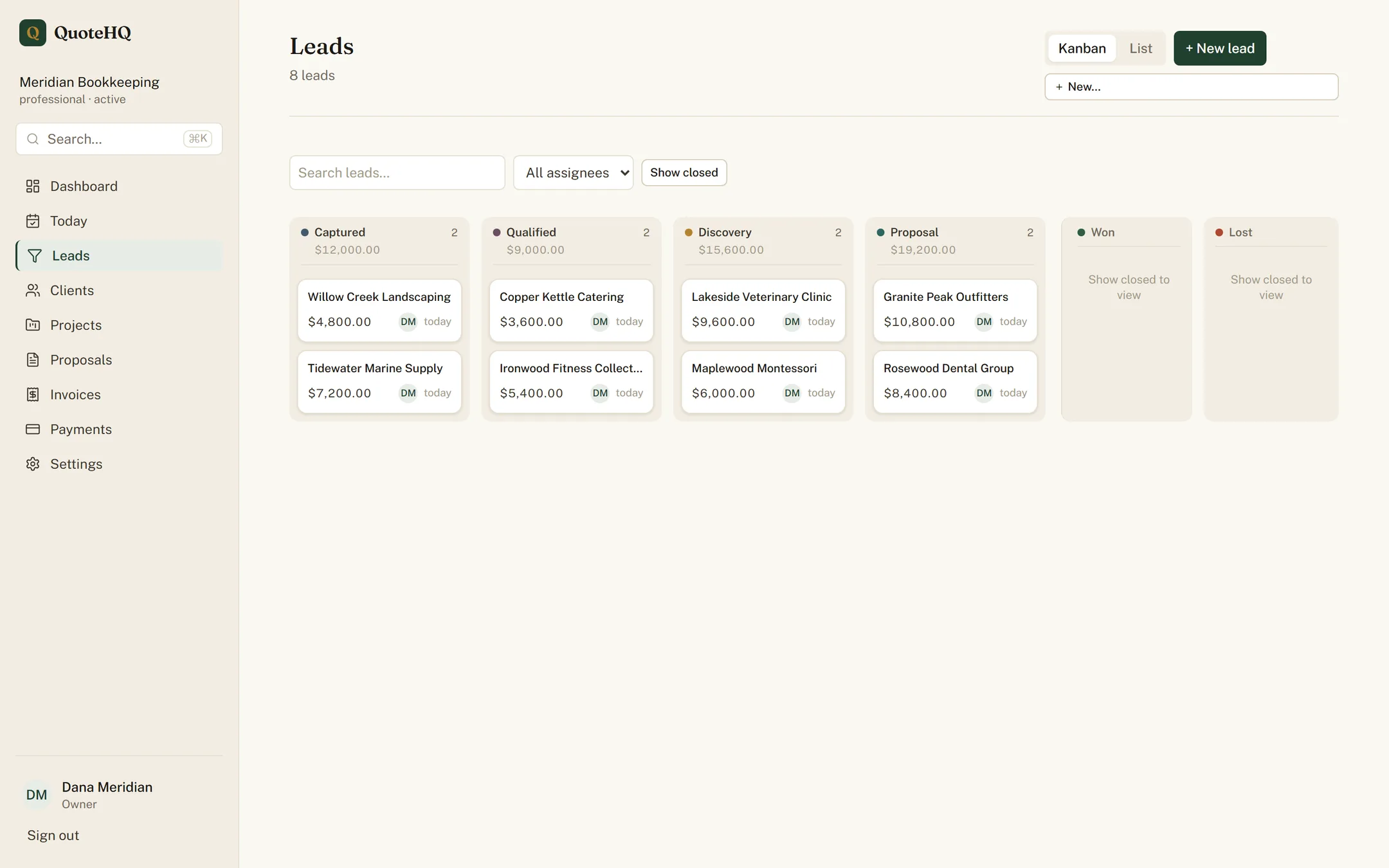 The QuoteHQ sales pipeline: leads on a kanban board dragged through stages toward won.