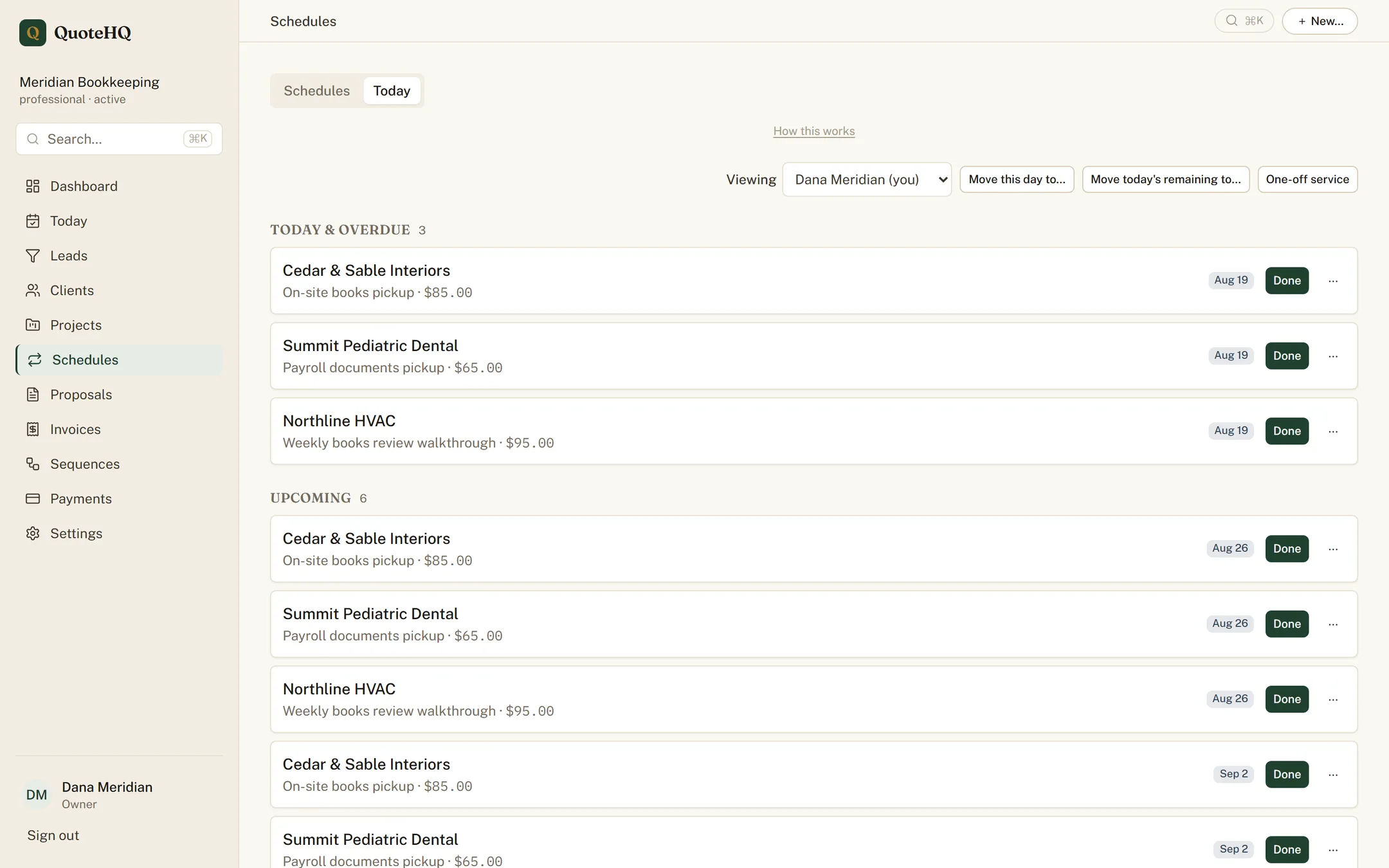 A QuoteHQ day view showing scheduled visits assigned across a team.